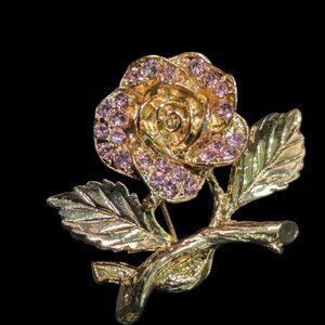 Gold-Tone Rose Brooch‎ With Sparkling Pink Rhinestones  Pin  jewelry